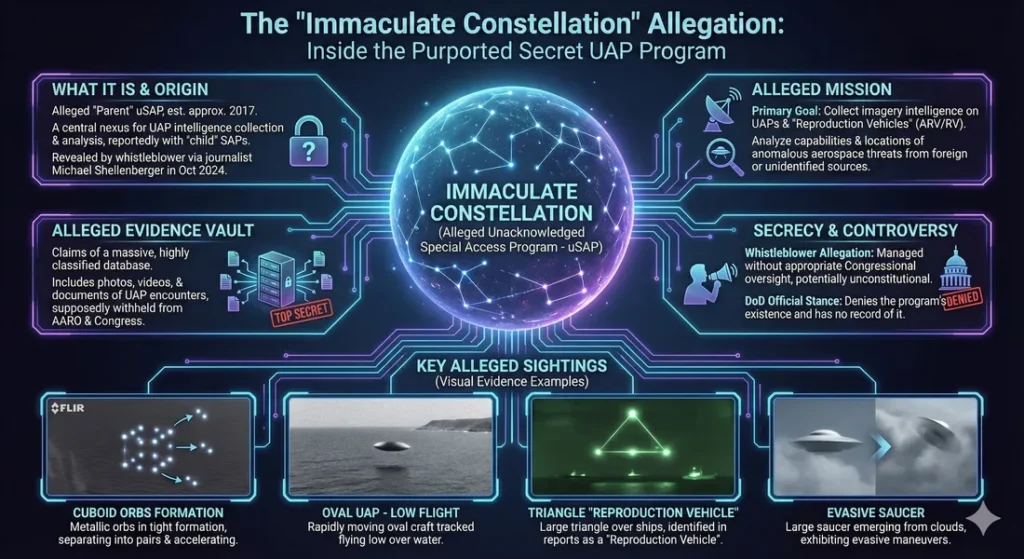 Infographic describing the "Immaculate Constellation" UAP program inside the US government. Covers the program's origin, evidence, mission and controversy