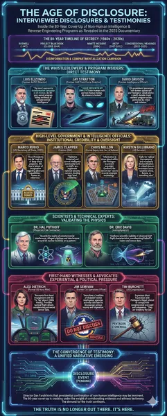 Infographic on the important documentary "The Age of Disclosure". Covers key witnesses and testimonies of 4 classes of people, whistleblowers, government officials, Scientists, and first hand witnesses