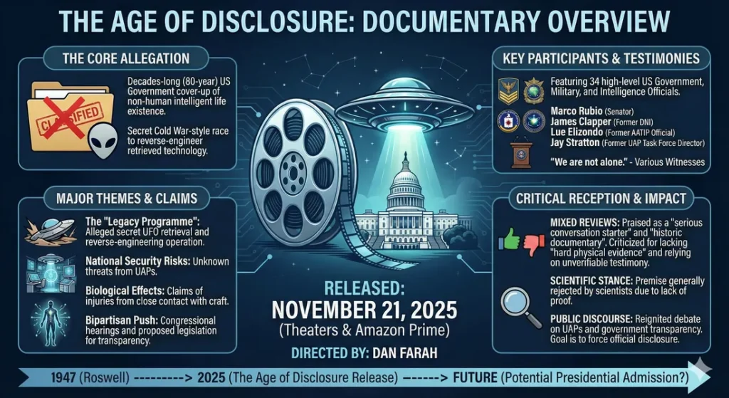 Infographic providing an overview of the important documentary, The Age of Disclosure. Outlines the core allegation of a UFO cover-up, major claims made, key participants, and impact