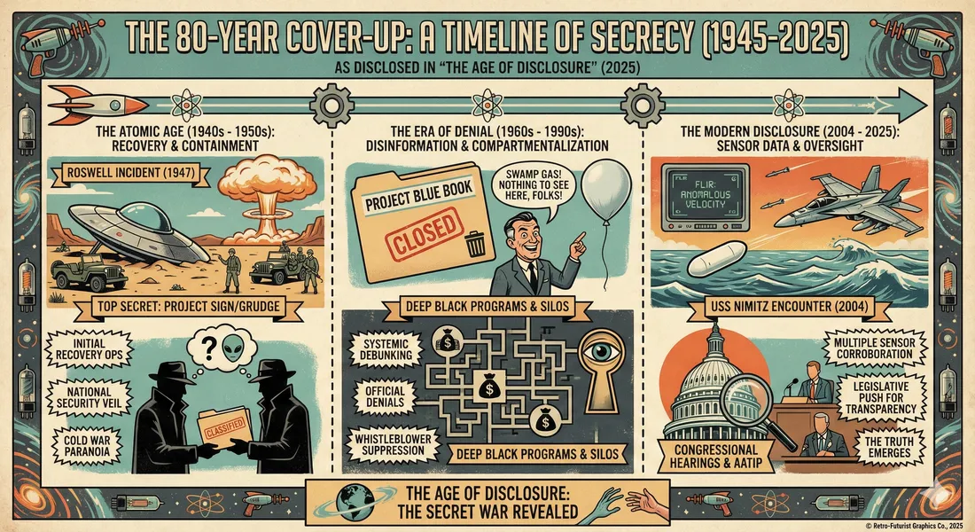 Infographic describing the 80 year timeline of UFO secrecy as described in the important documentary "The Age of Disclosure"