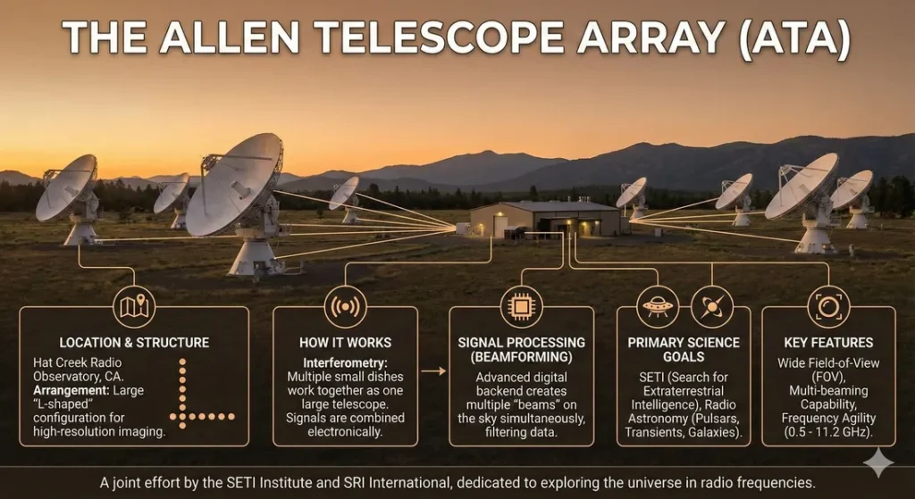 Infographic describing aspects of the Allen Telescope Array. Includes Location ,Structure, How it works, Signal processing, and Scientific Goals