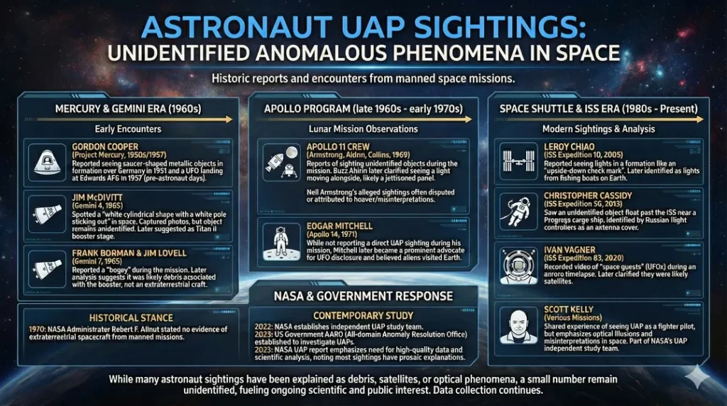 Infographic showing a historic timeline of astronaut reported UAP sightings