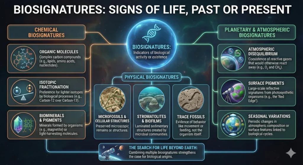 Infographic outlining three types of biosignatures and giving several examples of each type