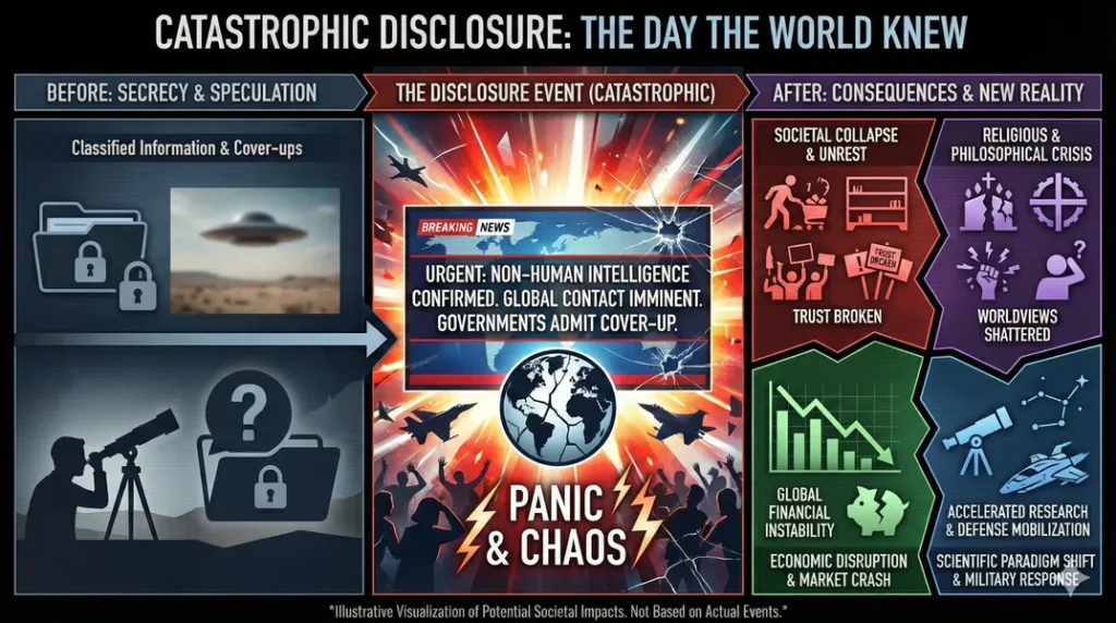 Infographic describing the hypothetical situation in which the presence of alien life is catastrophicly disclosed to the public