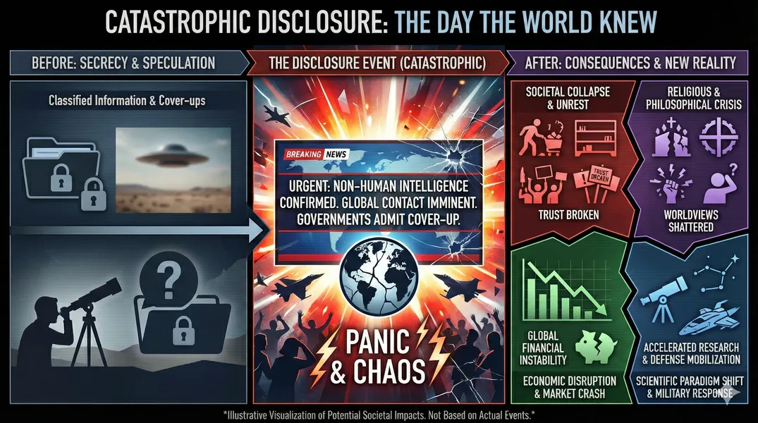 Infographic describing the hypothetical situation in which the presence of alien life is catastrophicly disclosed to the public