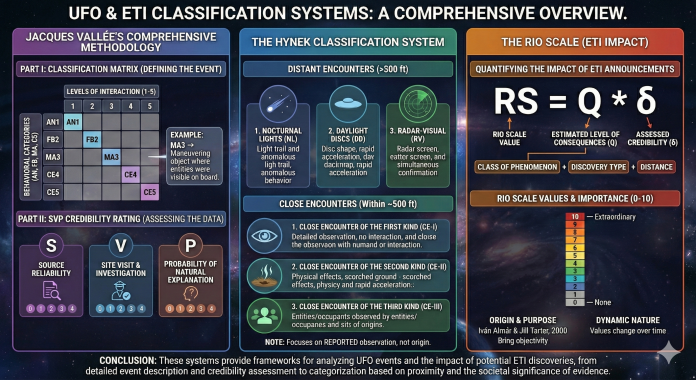 Infographic describing three scales for evaluating extraterrestrial contact and impact. The thre scales covered are the Vallee methodology, the Hynek classification system and The Rio scale