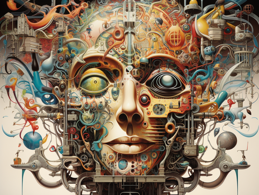 An abstract image of of a human face with myriad odd mechanical appendages representing Cognitive Dissonance