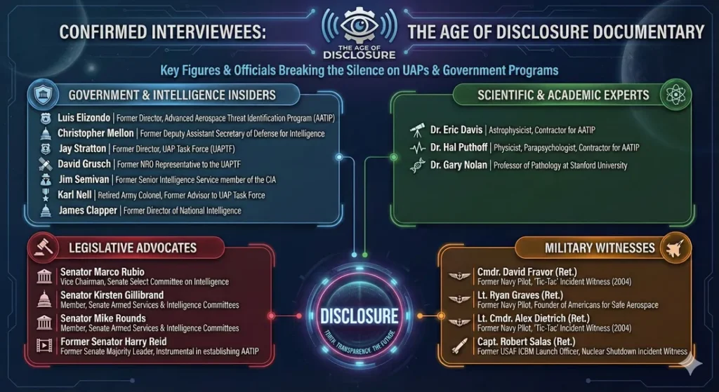 Infographic categorizing and listing Key figures and officials who spoke on the UAP topic in the Documentary The Age of Disclosure