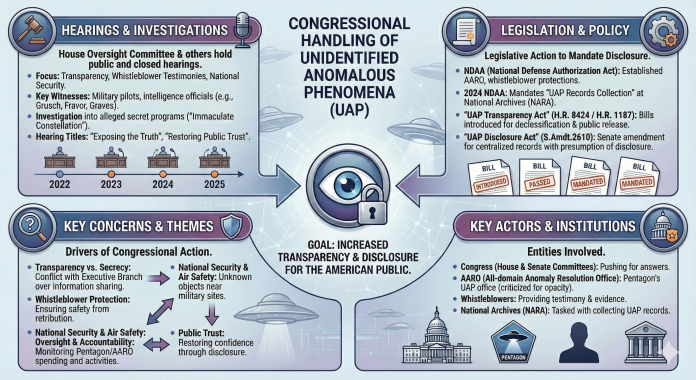 Infographic showing the 4 areas of significance in the Handling of the UAP topic: Congressional hearings, Legislation and Policy, Themes and Concerns, Key Actors and institutions