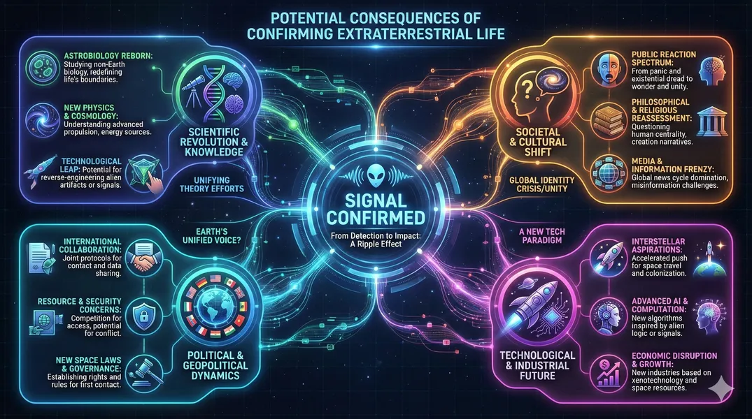 Infographic laying out possible consequences of confirming extraterrestrial life. 4 categories of consequences are presented with 3 consequences in each category