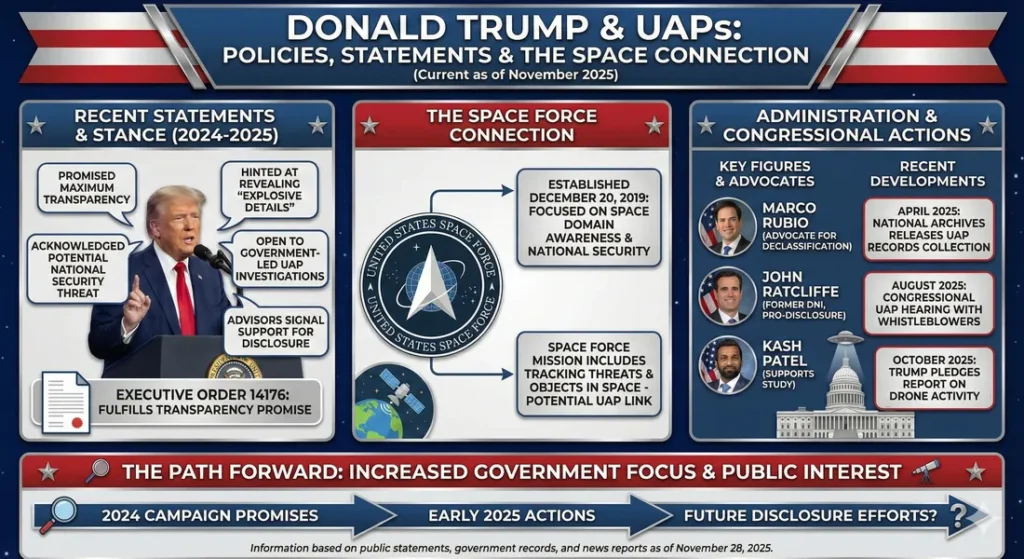 Infographic outlining the statements, stance, and policies of Donald Trum and his administration
