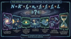 Infographic describing the purpose of and variables used in the Drake Equation, an equation for estimating the number of alien civilizations in the universe