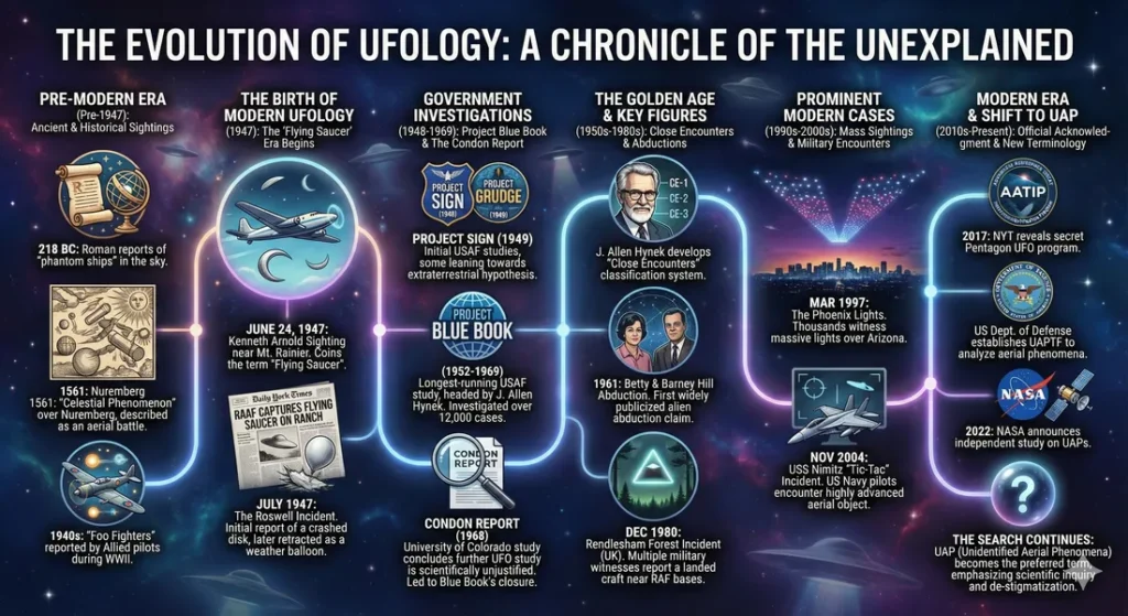 Infographic of a timeline of the evolution of ufology. Describes 6 eras of ufology with key events that changed ufology