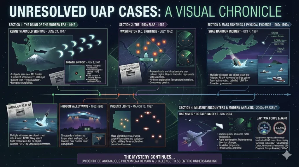 Infographic outlining 4 eras from 1947 to 2025 in which there were famous unresolved UAP cases