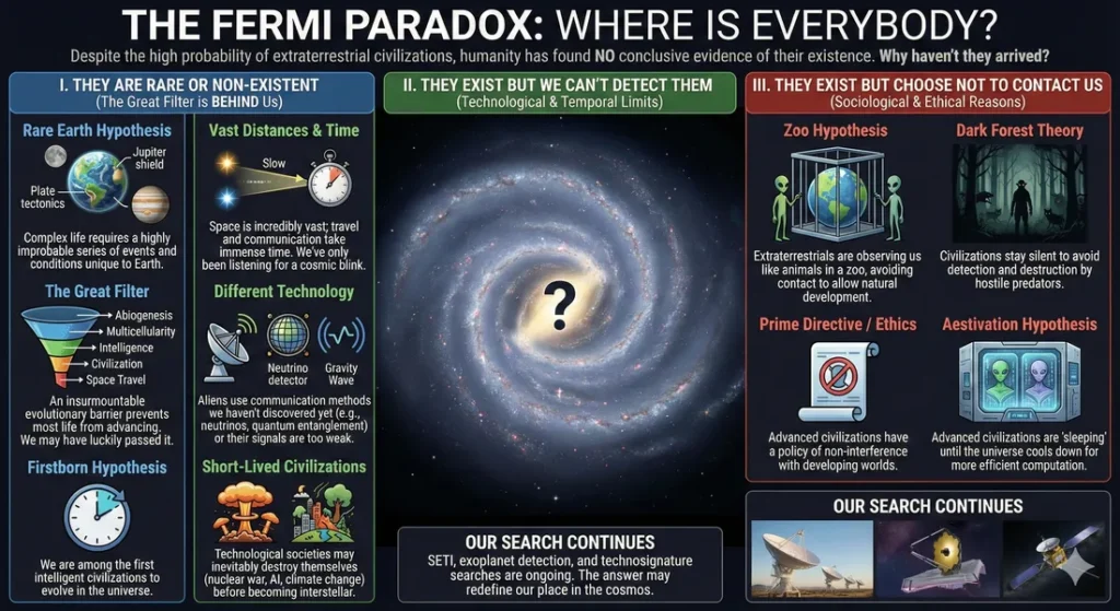 Infographic describing Enrico Fermi's paradox. Why is there no extraterrestrial civilation found when they should be abundant? Provides possible explainations for this paradox including the great filter, technological limitations and Sociological reasons
