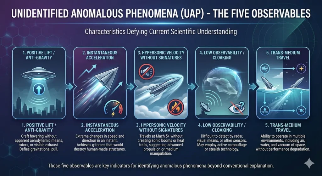 Infographic outlining the 5 observable unique behaviors observed in UAP