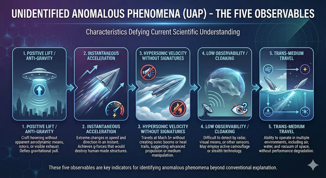 Infographic outlining the 5 observable unique behaviors observed in UAP
