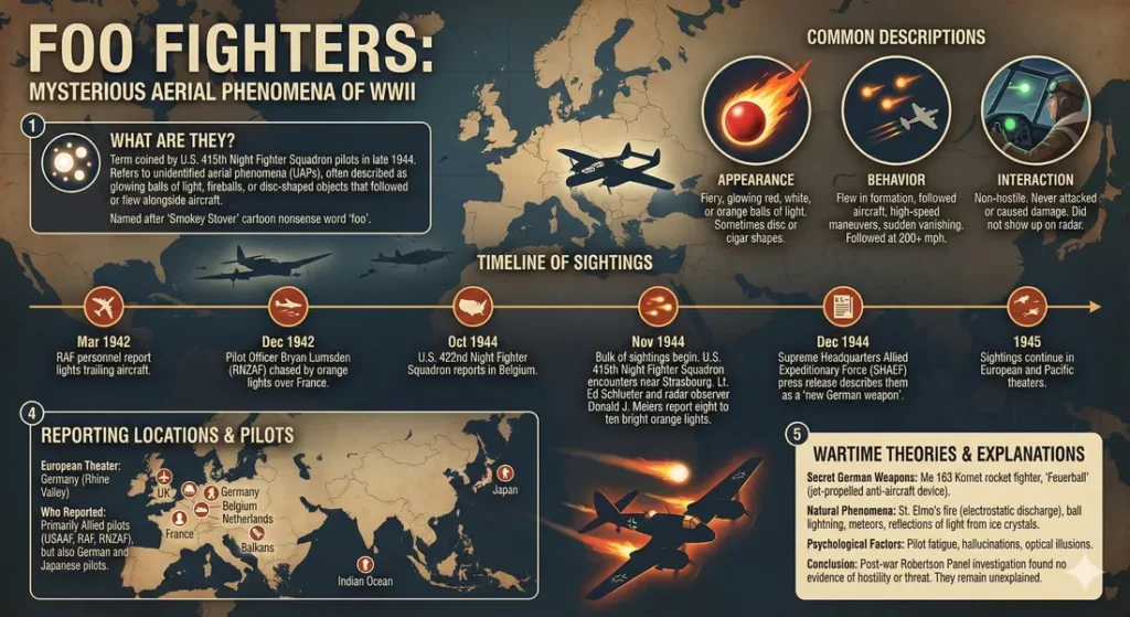 Infographic describing the phenomenon of "Foo fighters" during world war 2. Includes a definition, descriptions, locations, and a timeline of sightings