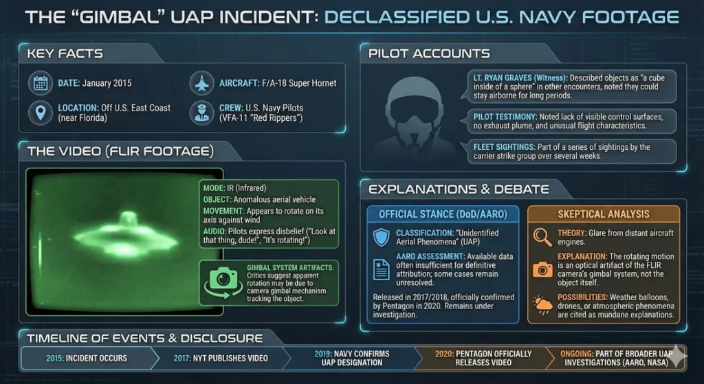 Infographic giving details of the 2015 Gimbal UAP incident. Provides details including key facts about the event, information on the video footage, description of the pilot reports and possible explainations