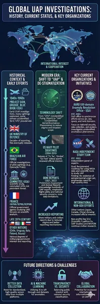 Infographic showing the History , current status, key organizations, and future direction of global UAP investigation efforts