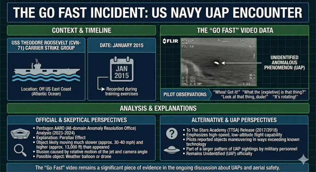 Infographic describing the go-fast UAP incident of 2015. provides context and description of the event, describes the video evidence provides analysis and explainations of the event