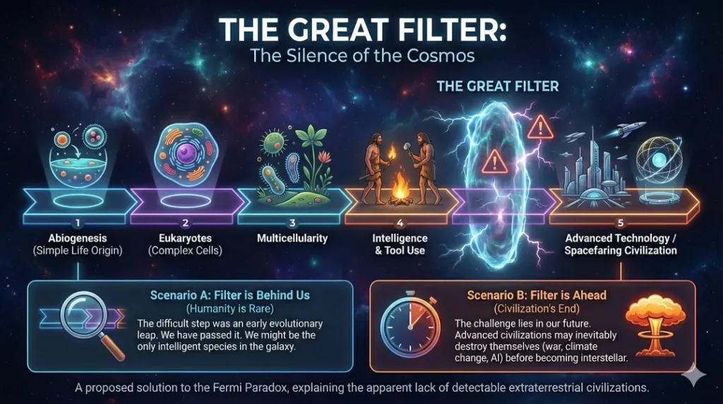 Infographic describing the concept of the great filter, the idea that there is a barrier to some stage of advancement that prevents most advance civilizations from coming into existence.