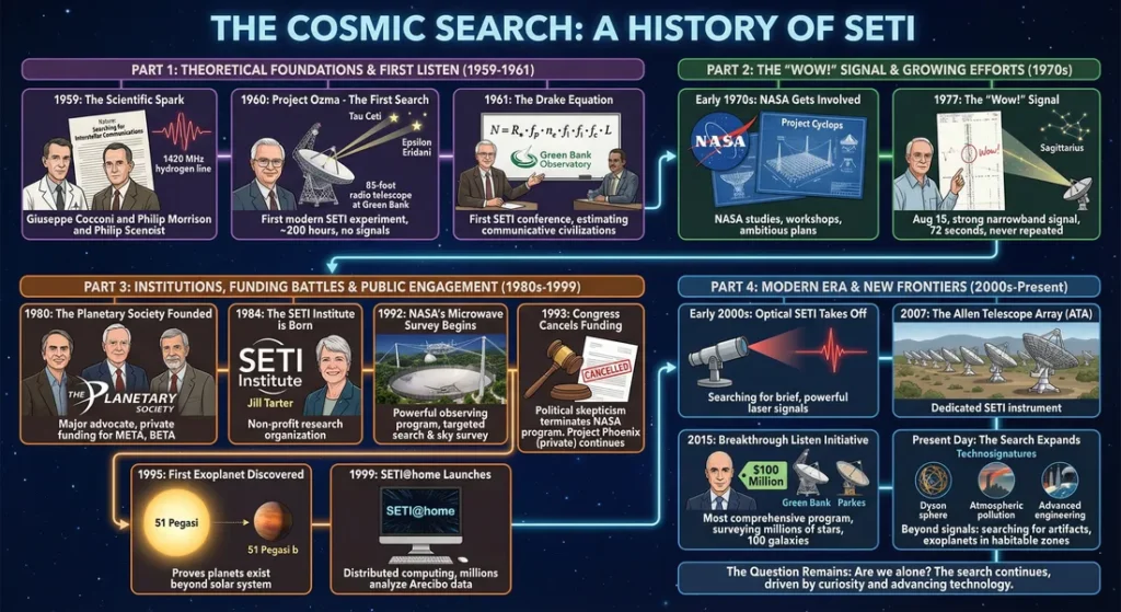 Infographic laying out the 4 historic stages of the SETI organization from 1959 to the present