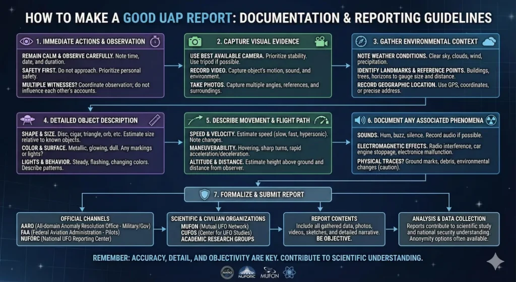 Infographic demonstrating the 6 steps involved in making a high quality UAP report