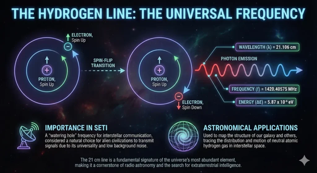 Infographic describing the hydrogen line: What it is, its astrnomical applications and its importance in the search of extraterrestrial life