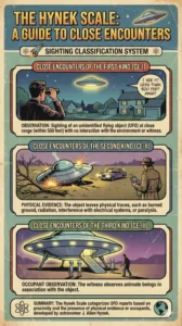 Infographic outlining J. Allen Hynek's Sighting Classification System. The three tier system outlines progressively closer encounters with UAP