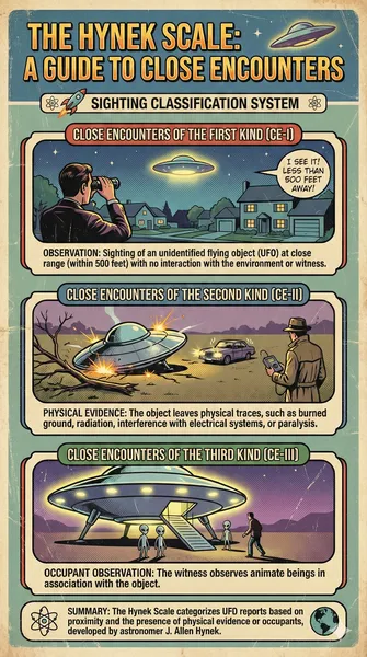 Infographic outlining J. Allen Hynek's Sighting Classification System. The three tier system outlines progressively closer encounters with UAP