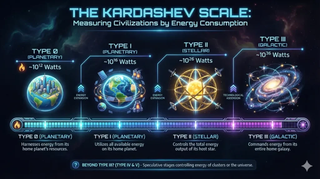 Infographic describing the Kardashev Scale, which measures civilations by energy consumption. Describes the 4 types of civilations from type 0 to type 3, each with a level of energy consumption orders of magnitude greater than the last
