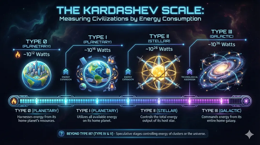 Infographic describing the Kardashev Scale, which measures civilations by energy consumption. Describes the 4 types of civilations from type 0 to type 3, each with a level of energy consumption orders of magnitude greater than the last