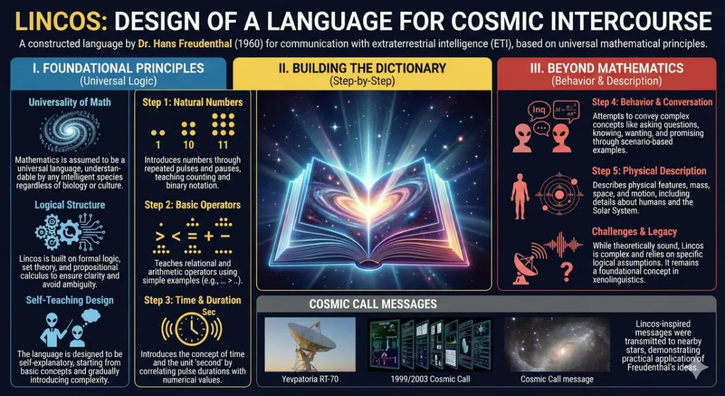 Infographic describing the constructed language LINCOS, a language designed for communicating with extraterrestrails