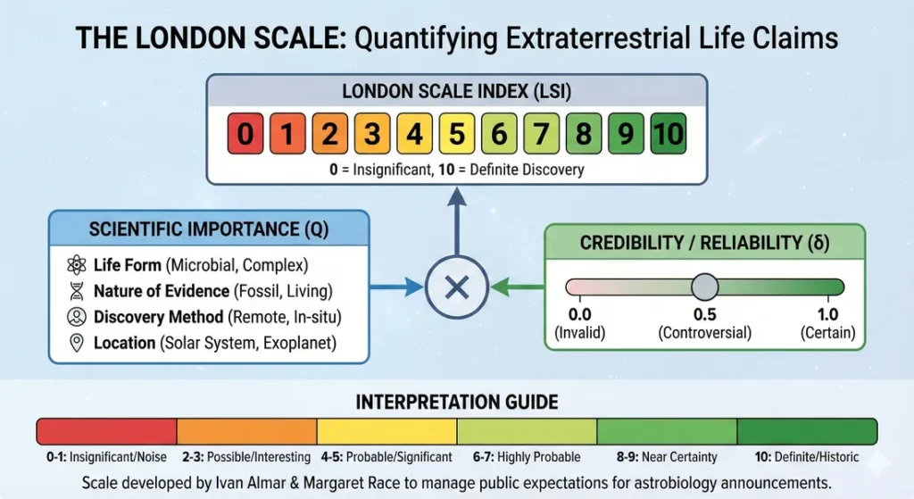 Infographic describing the London Scale, a method for quantifying claims of extraterrestrail life