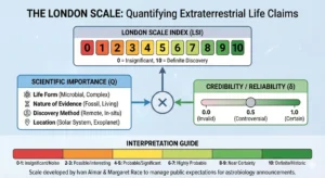 Infographic describing the London Scale, a method for quantifying claims of extraterrestrail life