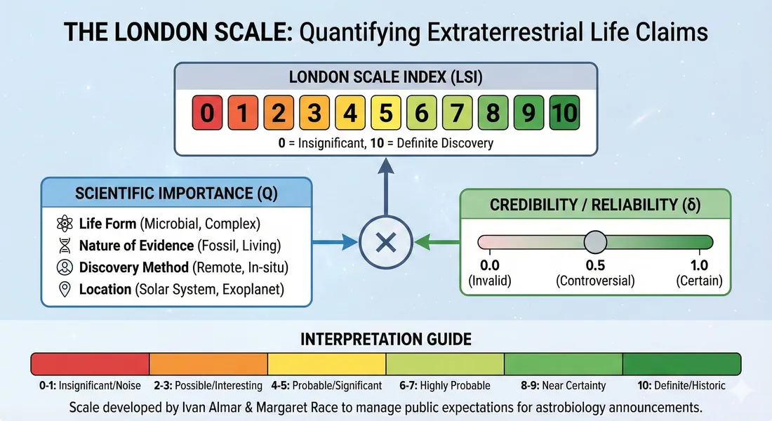 Infographic describing the London Scale, a method for quantifying claims of extraterrestrail life
