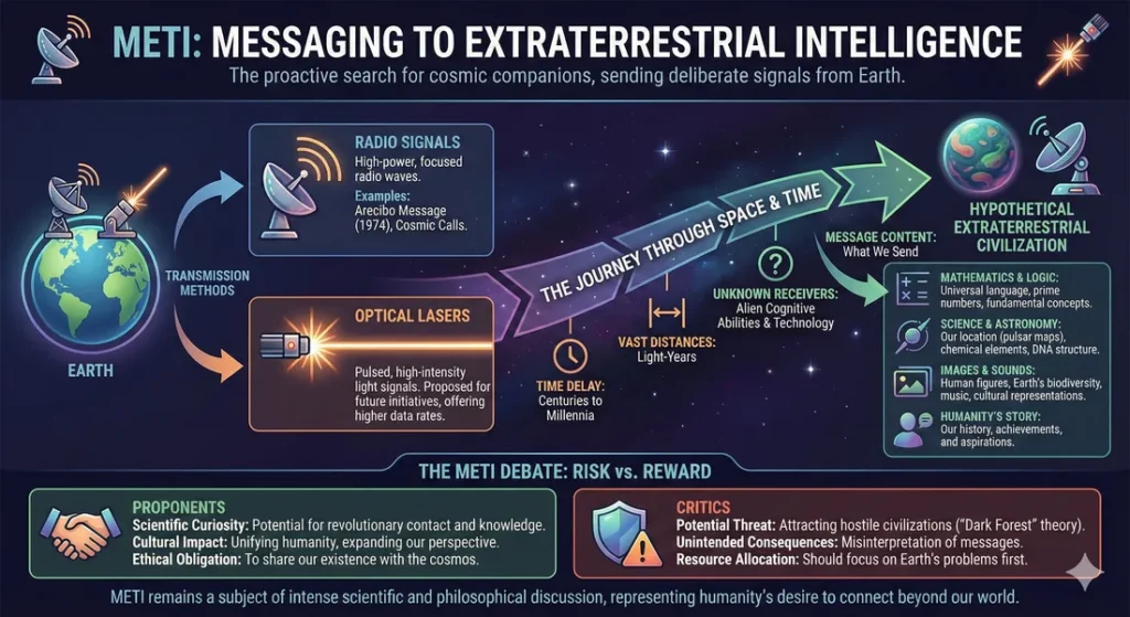 Infographic on METI the concept of messaging to extraterrestrial intelligences via radio and light signals