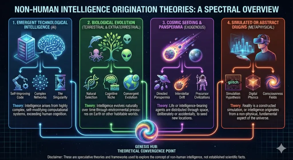 Infographic outlining 4 possible ways that non-human intelligences might have come into existence