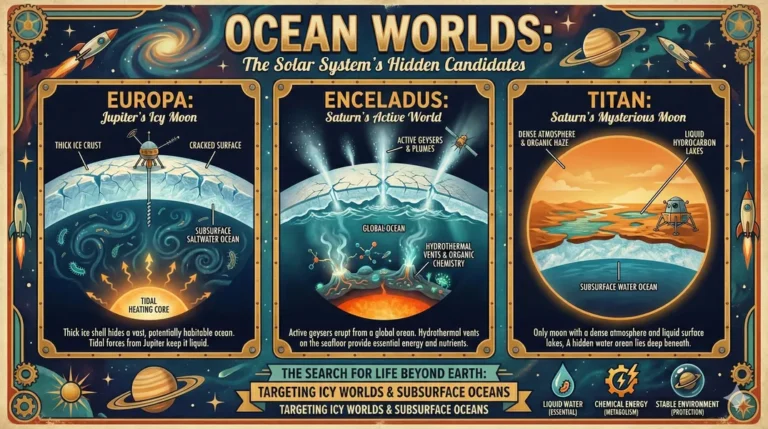 Infographic listing three known planatary bodies in the solar system known to have oceans. Describes how the oceans exist and implies that these bodies are candidates for life