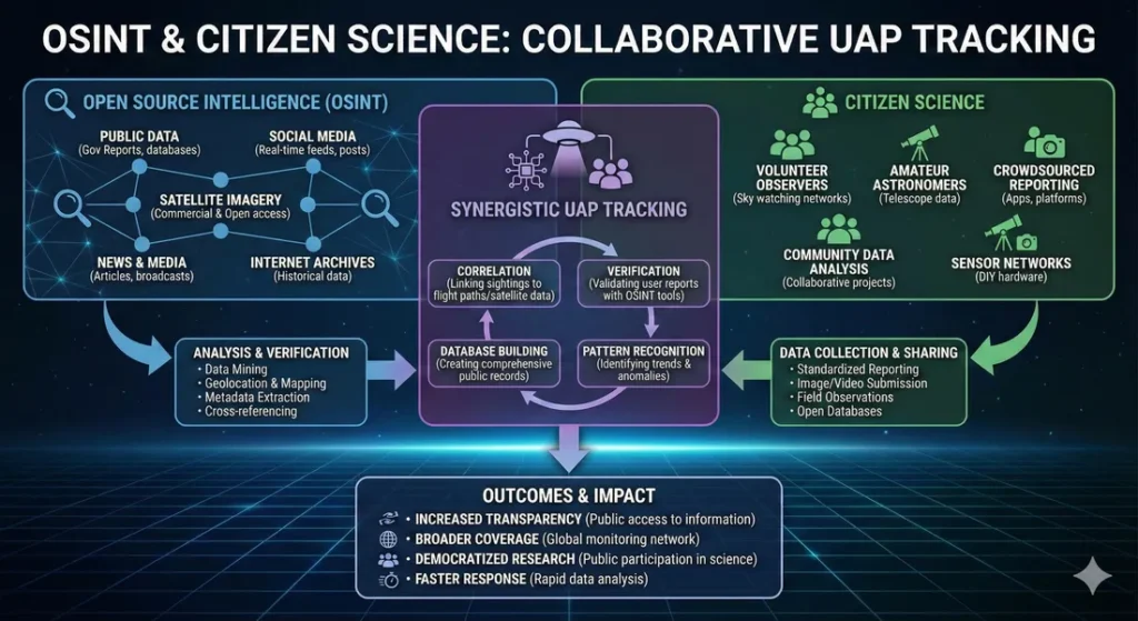 Infographic showing the value of combining open source intelligence and citizen science to develop improved UAP data