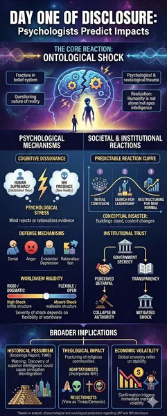 Infographic outlining the psychological impact on day one of UAP disclosure. Outlines possible psychological, societal and institutional reactions