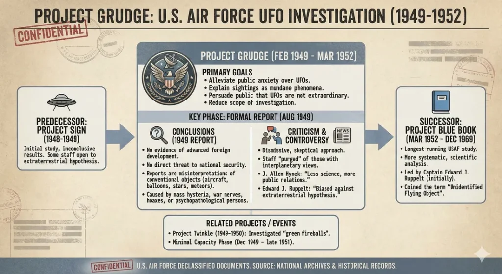 Infographic outlining the goals, conclusions and controversies surrounding the 1949-1952 US air force Project Grudge
