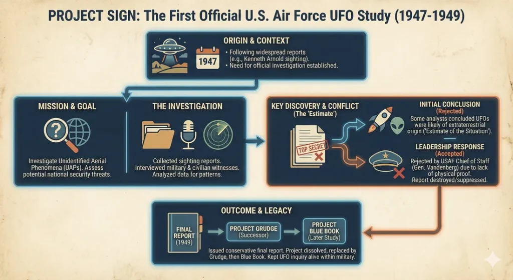 Infographic providing information on Project Sign, the first U.S. Air Force UFO study running from 1947 to 1949