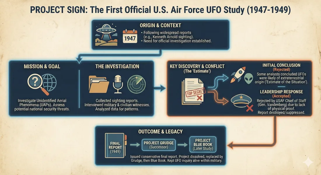 Infographic providing information on Project Sign, the first U.S. Air Force UFO study running from 1947 to 1949