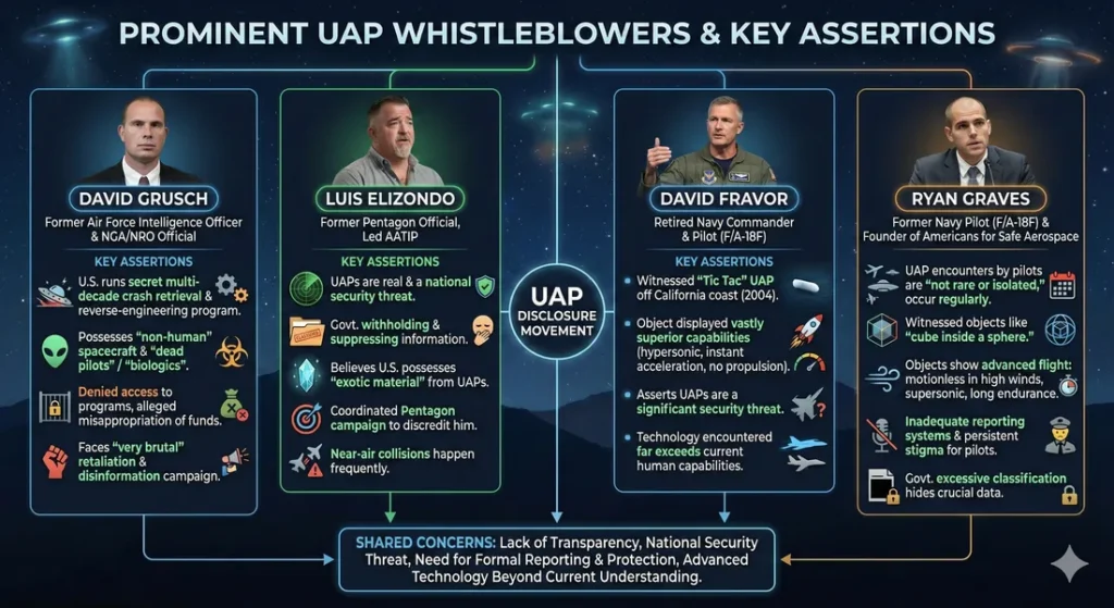 Infographic outlining the key assertions of 4 prominent UAP whistleblowers