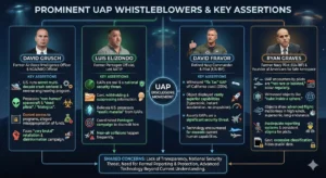 Infographic outlining the key assertions of 4 prominent UAP whistleblowers