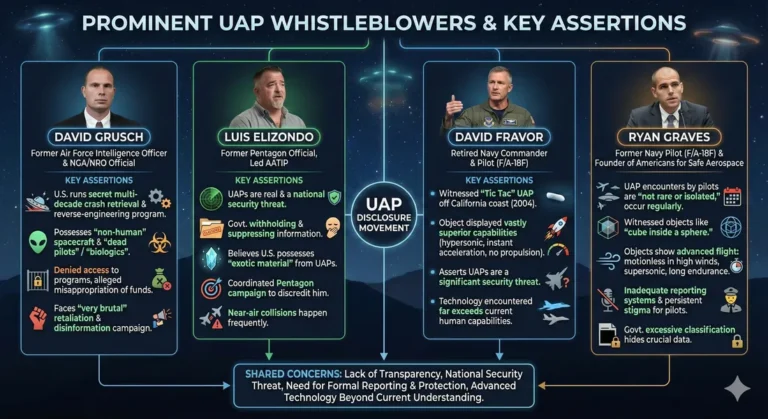 Infographic outlining the key assertions of 4 prominent UAP whistleblowers
