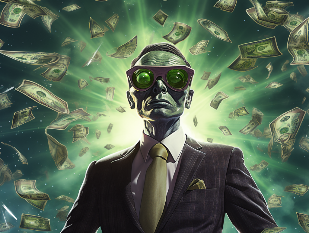 An abstract rendering of an alien looking being against a background of green bank notes representing an investment fund that focuses on investments in alien tech