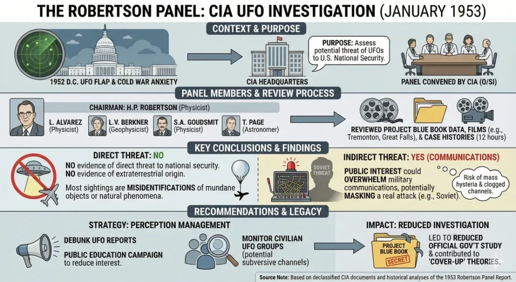 Infographic outlining the activities and conclusions of the 1953 Robertson panel, an investigation into UFOs by the CIA
